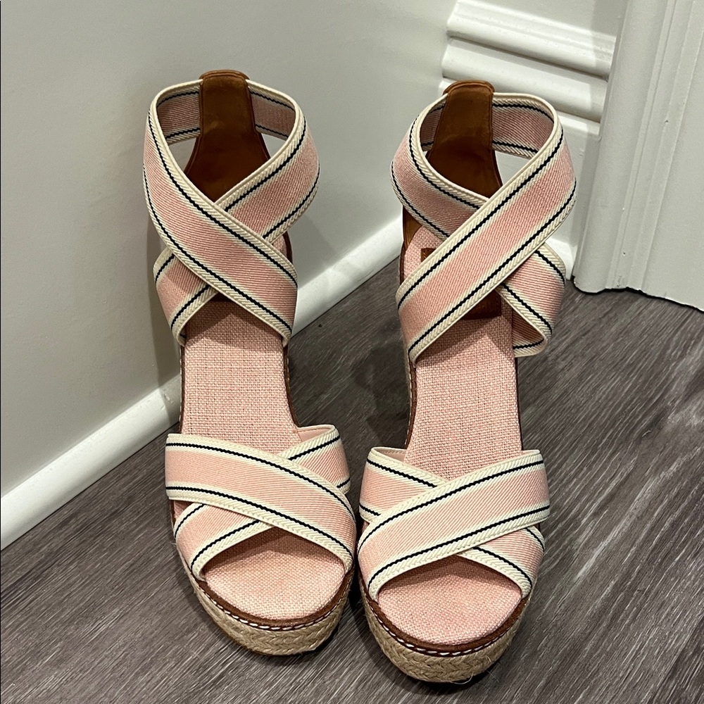 Tory Burch Pink and Cream Espadrille Wedges
